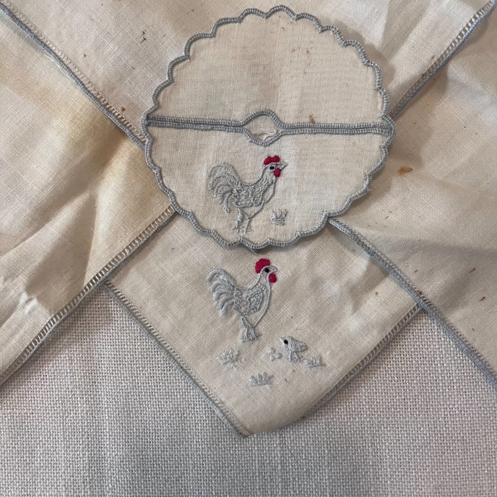 Vintage 1950's Rooster Linen Stemware Coaster Slippers with Napkins (Set of 6)